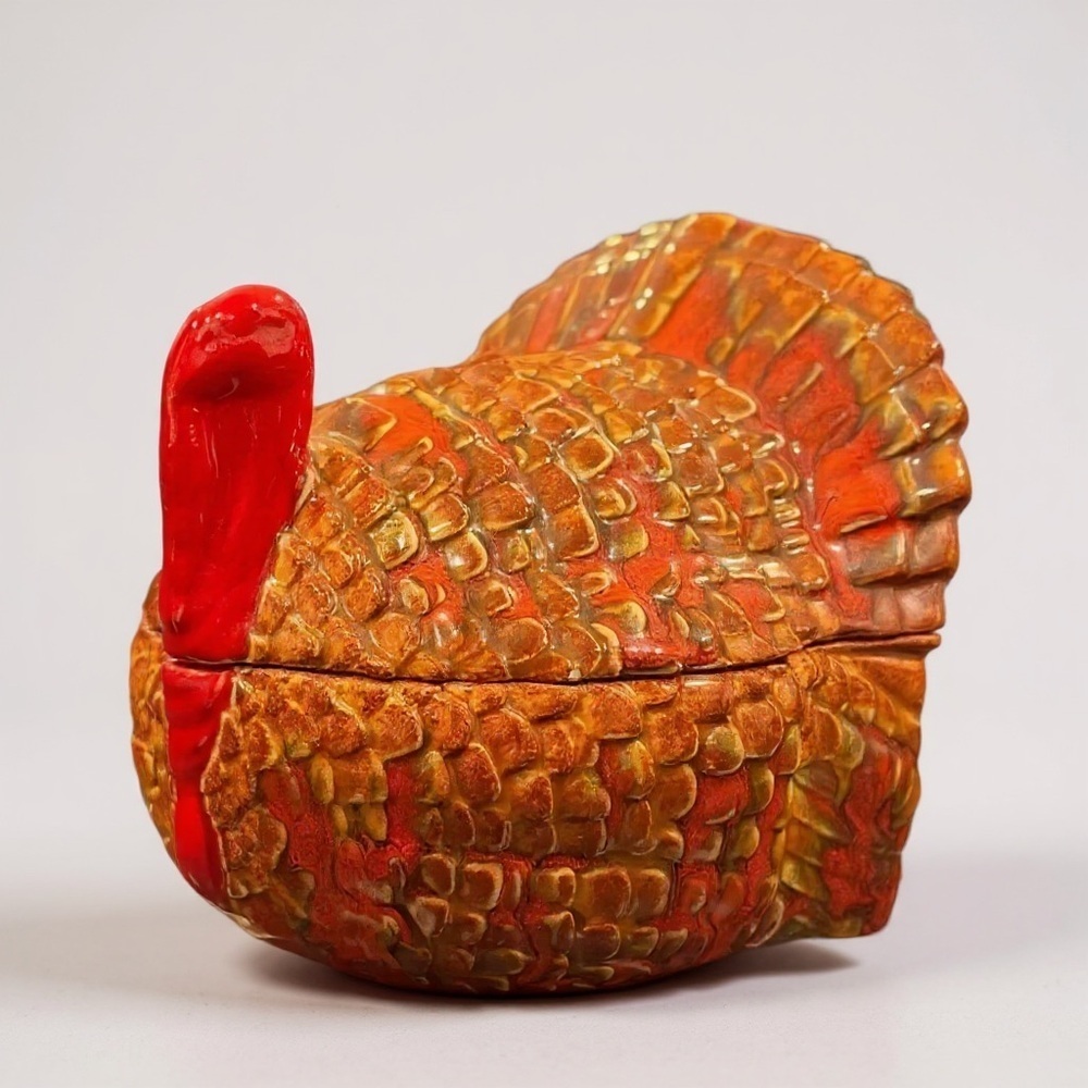 Vintage 80s Hand Painted Ceramic Turkey Covered Thanksgiving Dish